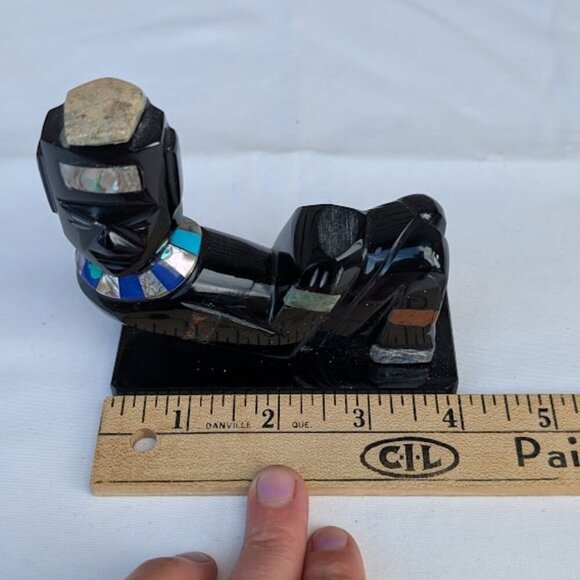 Carved Obsidian Inlayed with Semi  Precious Stones Mayan Figure - Picture 7 of 10